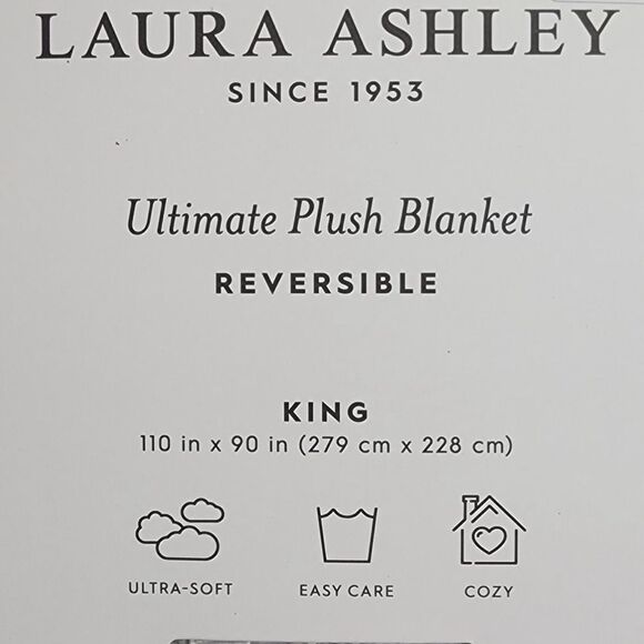 Laura‎ Ashley King Plush Blanket Reversible Floral Stripe Sage Ivory Shabby Chic - Picture 7 of 16